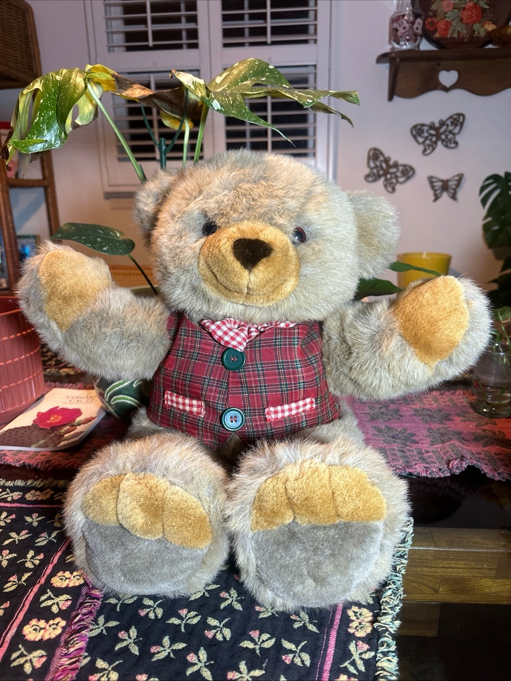 JCPenney Bear Plush Holiday Collection Christmas Green Plaid Vest Santa 21" Vtg